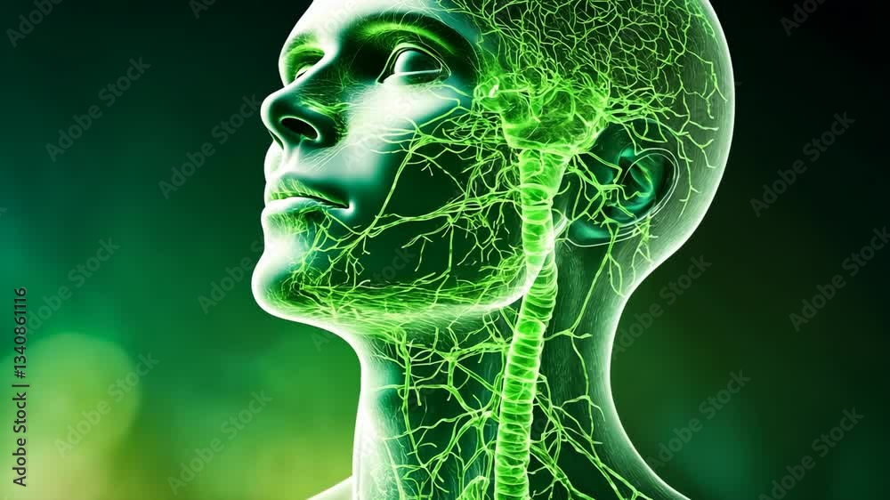 Human anatomy illustration focusing on the nervous system with a glowing green effect