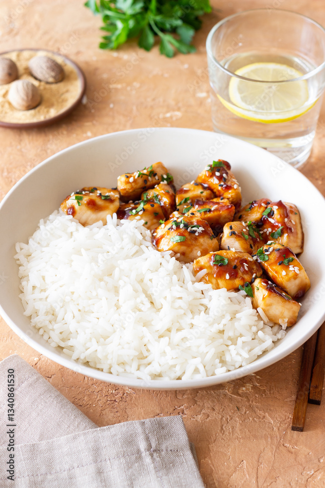Chicken in teriyaki sauce with rice. Asian food. Healthy eating. Chicken in teriyaki sauce with rice. Asian food. Healthy eating.