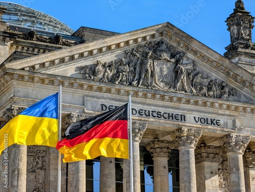 Deutscher Bundestag, Berlin, mit gehisster deutscher und ukrainischer Flagge