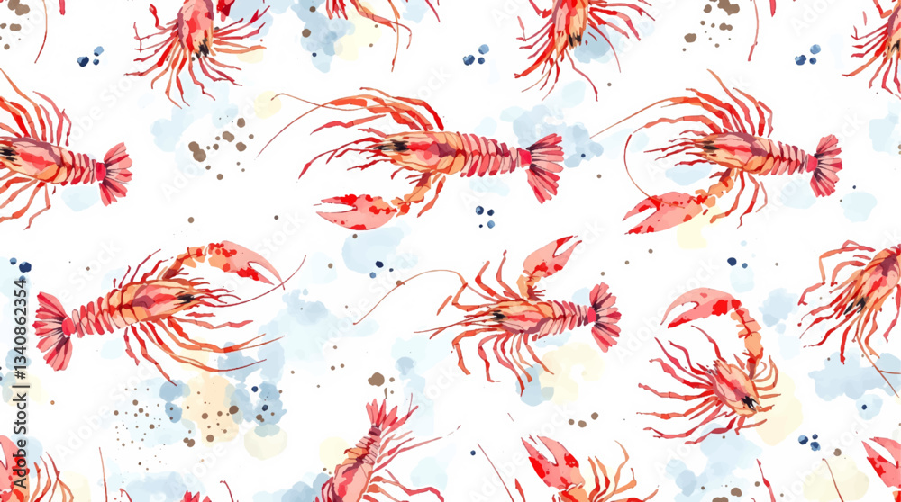 Watercolor pattern crayfish on white background