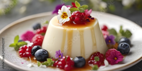 Creamy Panna Cotta delicately wobbles in its mold, showcasing a smooth and luscious texture.
