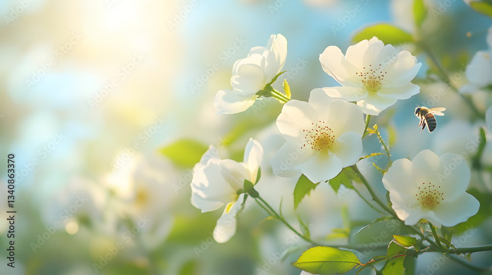 Fototapeta premium white flower with blur background infested with bees. Bright spring banner background.