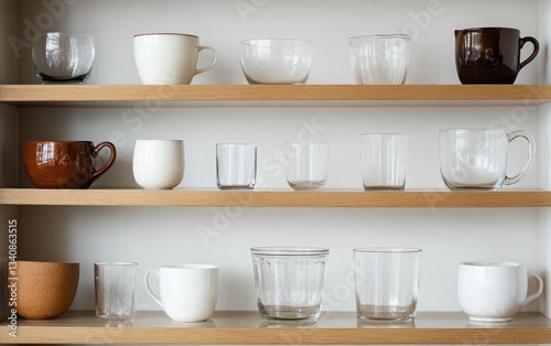 Various Ceramic and Glass Cups and Mugs on Wooden Shelves