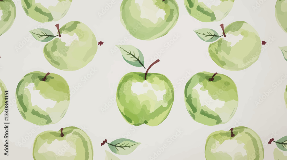 Watercolor pattern green apple white background