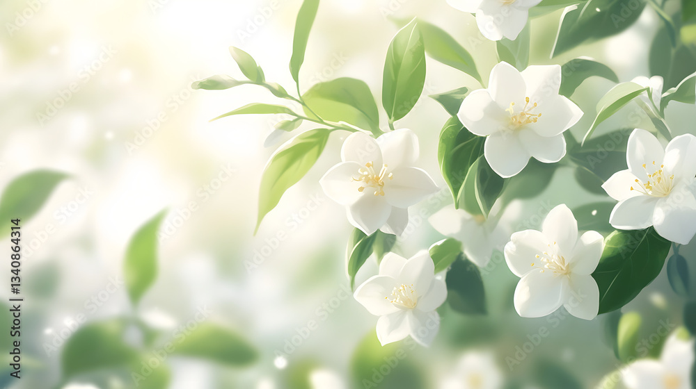 Obraz premium White jasmine flowers on a white background, close-up. White jasmine flowers with leaves on the right side of the image and empty space for text. wedding banner background.