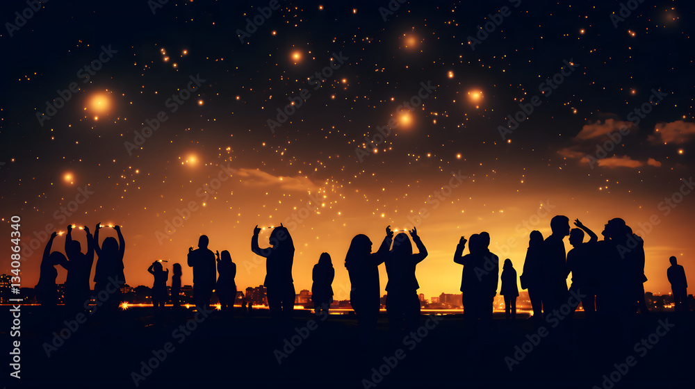 Fototapeta premium Crowds of enthusiastic stargazers standing under a clear night sky full of stars and a bright moon illuminating the scene.