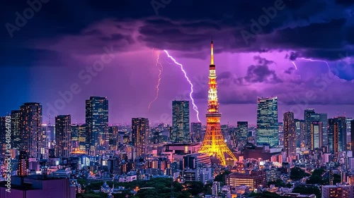 Storm clouds hover over Tokyo skyline illuminated by lightning with iconic tower in view at dusk