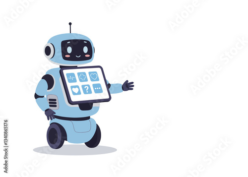 Medical robot doctor, bot helper, artificial intelligence assistant for online consultation. Robotic character for help in healthcare. Vector illustration with copy space