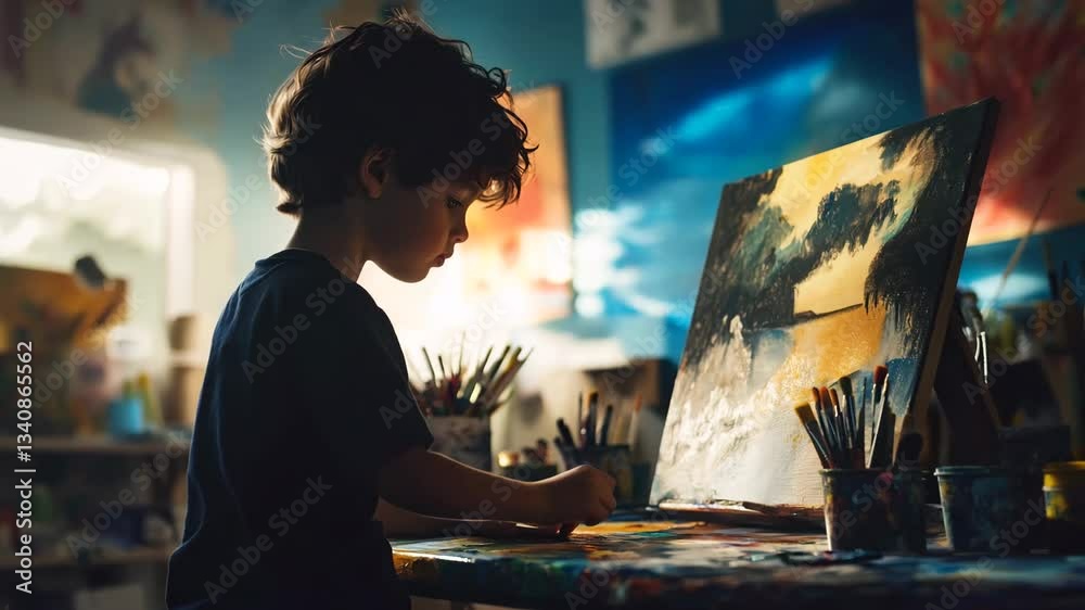 A young boy deeply immersed in his artwork, painting a beautiful landscape in a colorful and artistic studio. The warm lighting and rich textures capture his passion, creativity, and dedication 