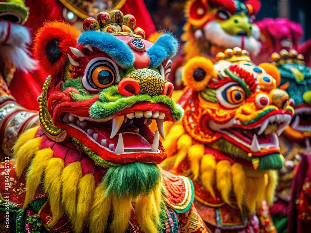 Vibrant Chinese Dragon & Lion Dance Props: Festive Celebration Stock Photo Vibrant Chinese Dragon & Lion Dance Props: Festive Celebration Stock Photo