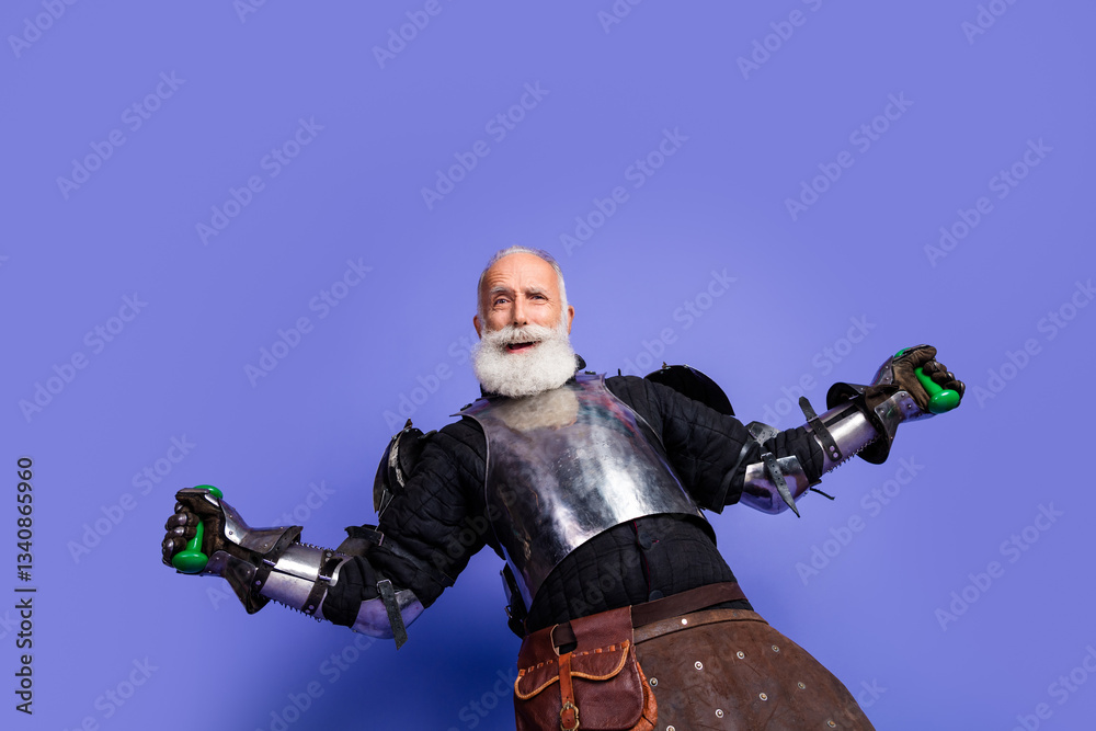 Naklejka premium Portrait of an elder man wearing medieval armor with purple background, exuding charm and confidence