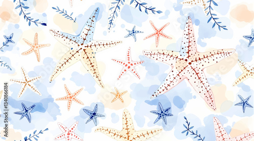 Seamless watercolor pattern of hand drawn nautilus shells and smooth sea pebbles on a white background, Watercolor pattern shells on white background	