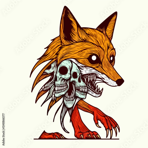 Fox-Skull Hybrid: A unique artistic illustration showcasing a fox-skull hybrid character, blending the cunning of a fox with the symbolism of skulls.