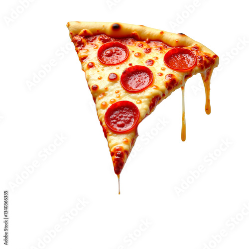 Pepperoni pizza slice in hand isolated on transparent background. Appetizing close-up studio shot for menu, food blog, restaurant ads, and social media. Fresh, delicious.