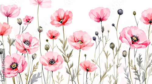 Watercolor red poppies on a white background