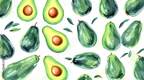  Avocado water color on white background seamless pattern