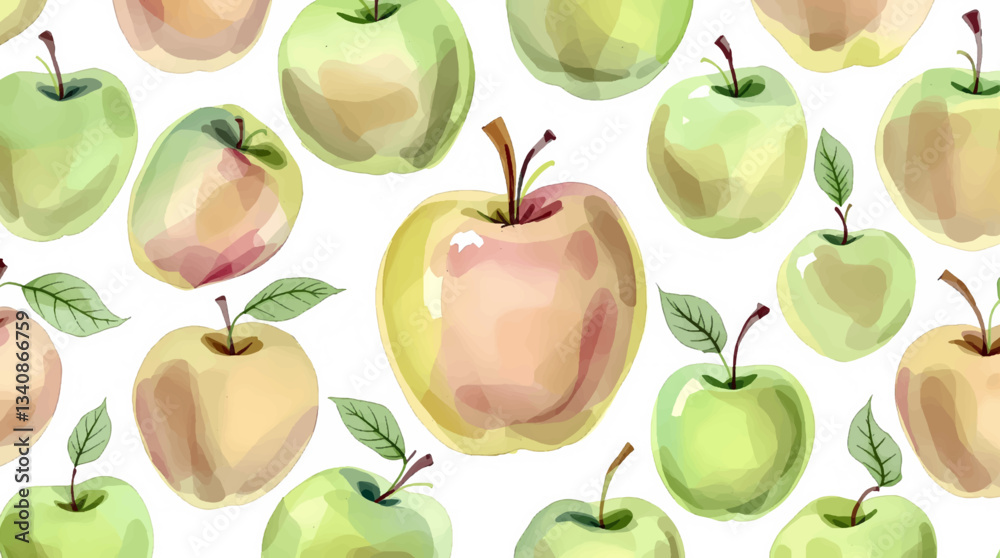 Watercolor pattern green apple white background