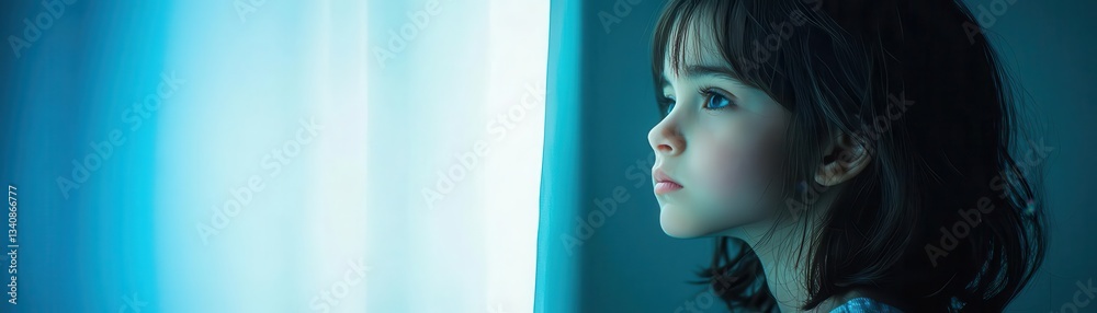 Fototapeta premium Child staring out of a window, face shadowed by quiet sorrow