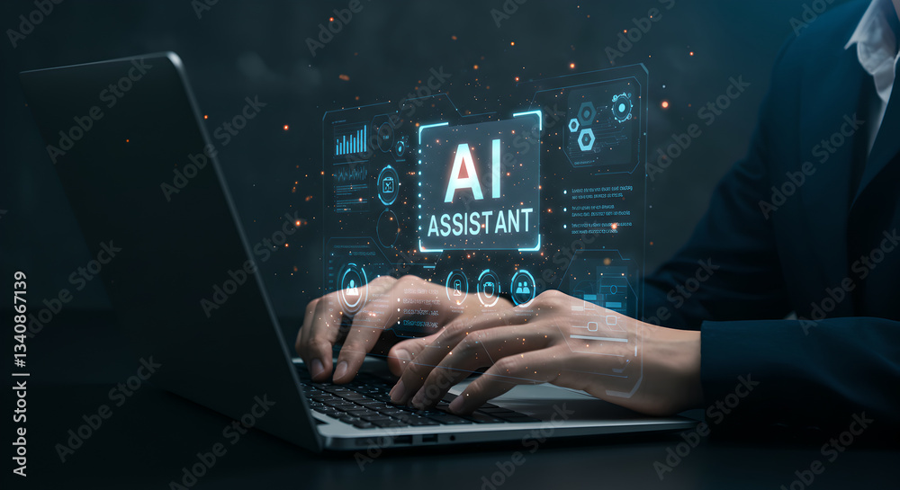 Naklejka premium Assistant Ai chat bot, technology on laptop, hand search information. Artificial Intelligence dashboard to help business, used in life. Technology smart robot AI connecting with cloud data
