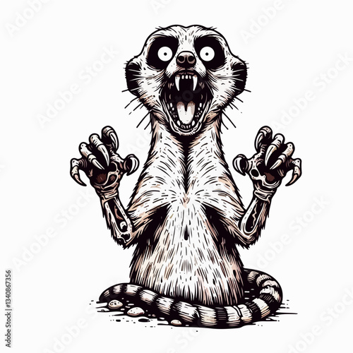 Meerkat's Menace: A stylized illustration depicts a startled meerkat, rising from the earth with an expressive open mouth and raised, clawed paws, exuding a mixture of surprise and potential threat.