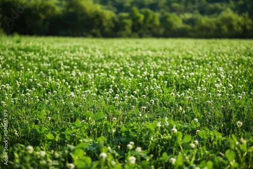 A lush field of rye and clover used as cover crops to enrich the soil