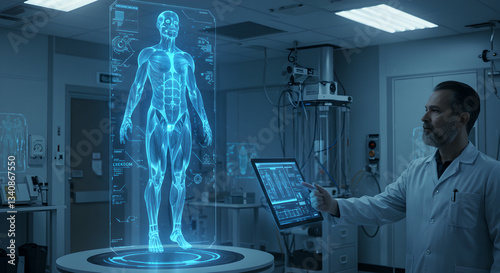 Futuristic analyzing body of doctor on an interactive holographic display. Digital Twin Simulation. High-tech study personalized health person. Future of biomedicine, diagnostic. Advanced tech