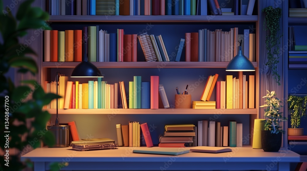 Education & E-learning Cozy bookshelf illuminated by warm lights in a serene setting. Unique and Creative Concepts Education & E-learning Cozy bookshelf illuminated by warm lights in a serene setting. Unique and Creative Concepts