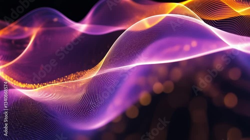 Abstract Digital Waveform Animation with Flowing Purple and Orange Particles on Black Background