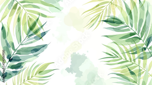 Watercolor pattern green leaves on white background