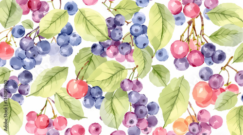 Seamless pattern of red, blue and purple berries on white background, vector