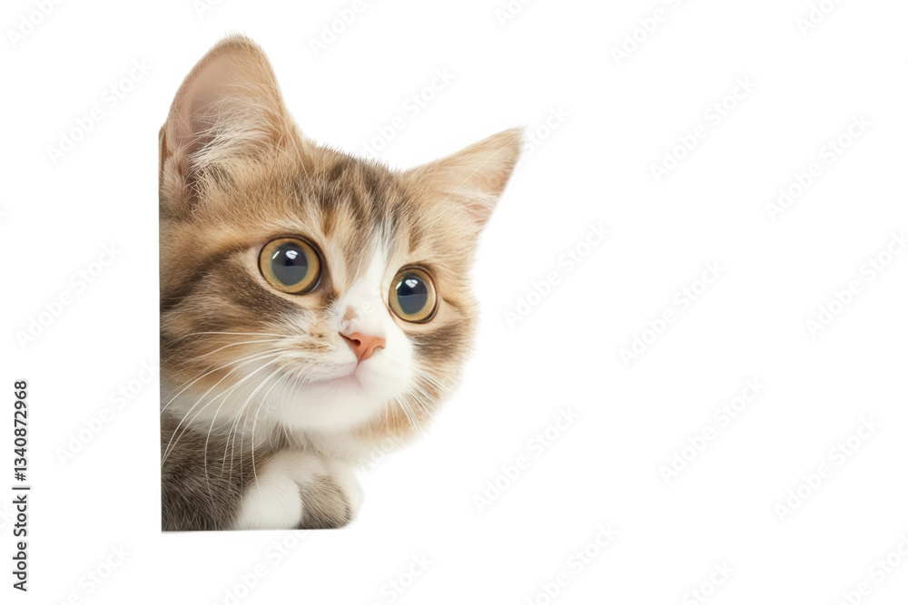 A close-up of a cat's face, featuring large, expressive eyes and a soft fur coat, looking attentively to the side, Transparent Background. A close-up of a cat's face, featuring large, expressive eyes and a soft fur coat, looking attentively to the side, Transparent Background.