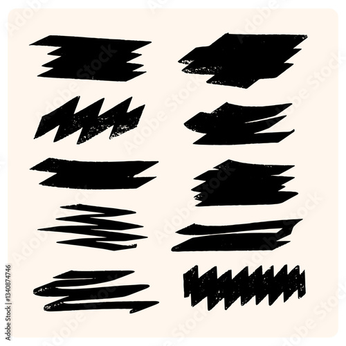 Black highlighter bold horizontal lines set. Brush drawn vector stripes with dry brush texture. 