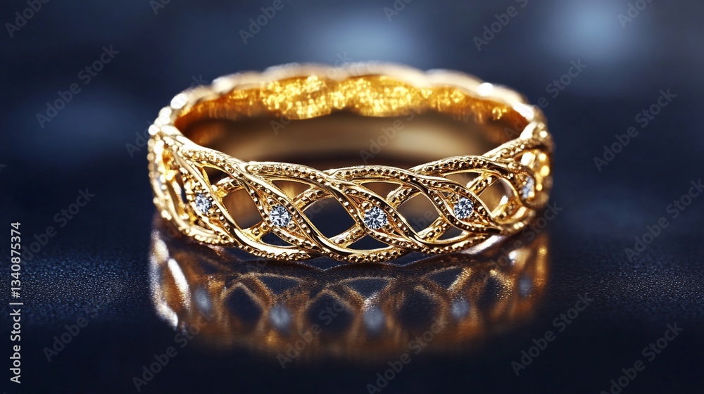 Elegant gold ring with intricate design and sparkling accents. Elegant gold ring with intricate design and sparkling accents.
