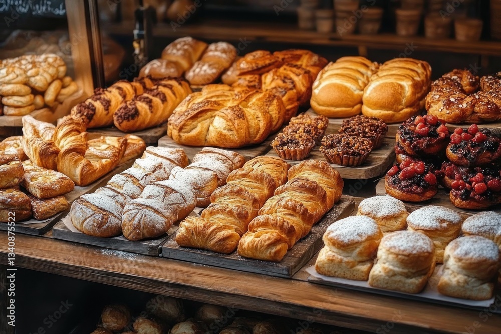 Freshly Baked Pastries and Buns Display at a European Bakery Freshly Baked Pastries and Buns Display at a European Bakery