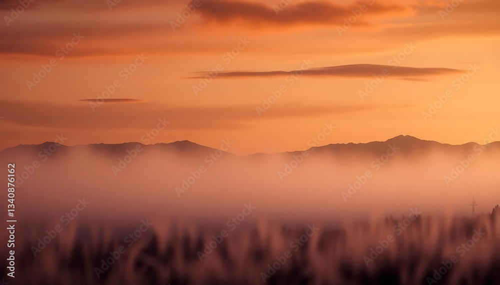 Fototapeta premium Dreamy Orange Sunset Over Mountain Range with Mystical Fog Rolling Through Trees