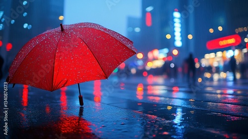 Wallpaper Mural Rainy night city street scene with red umbrella Torontodigital.ca