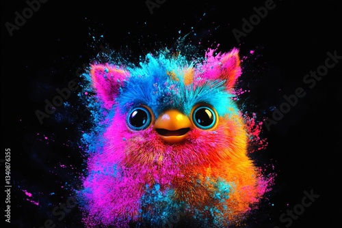 Brightly colored furry creature surrounded by vibrant splashes of paint in an imaginative setting at night