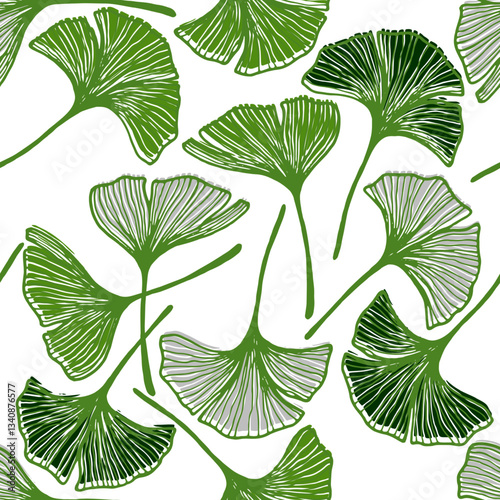 Ginkgo biloba leaves seamless textile print. Modern gingko foliage outline ve...