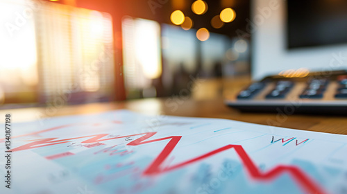 red financial chart reaching ceiling limit with blurred office documents and calculators, symbolizing salary cap and budget restrictions under natural light, shallow depth for economic policy barriers