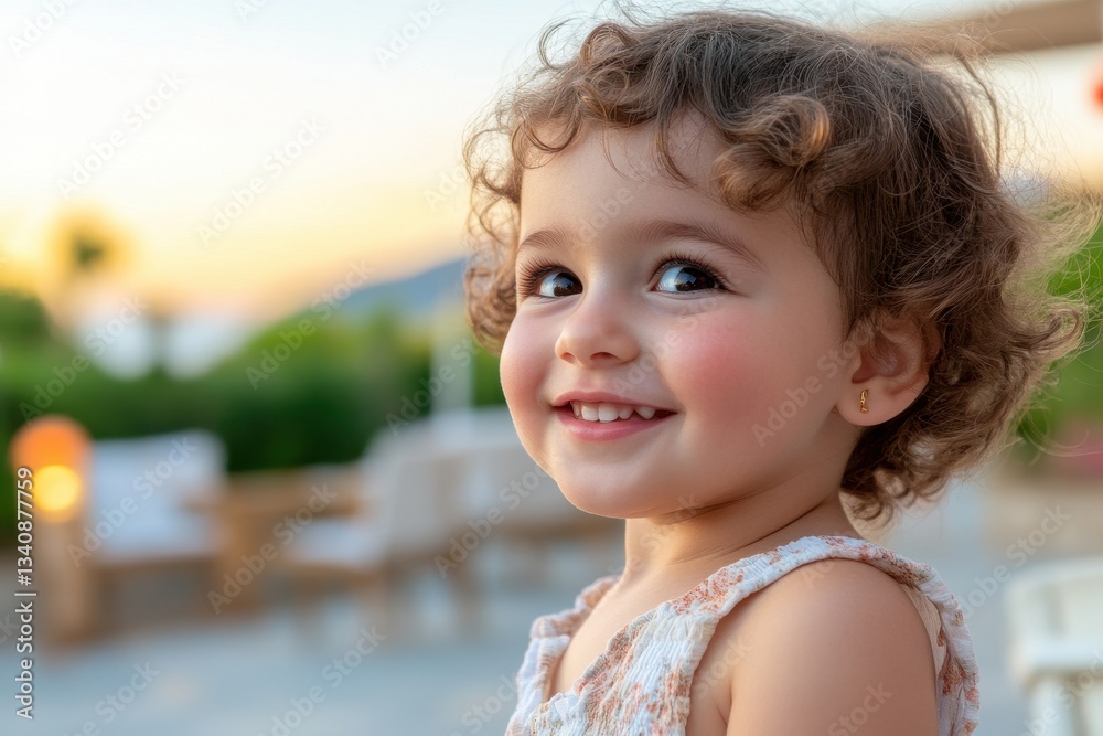 Happy Toddler Girl with Curly Hair Smiling Outdoors at Sunset Happy Toddler Girl with Curly Hair Smiling Outdoors at Sunset