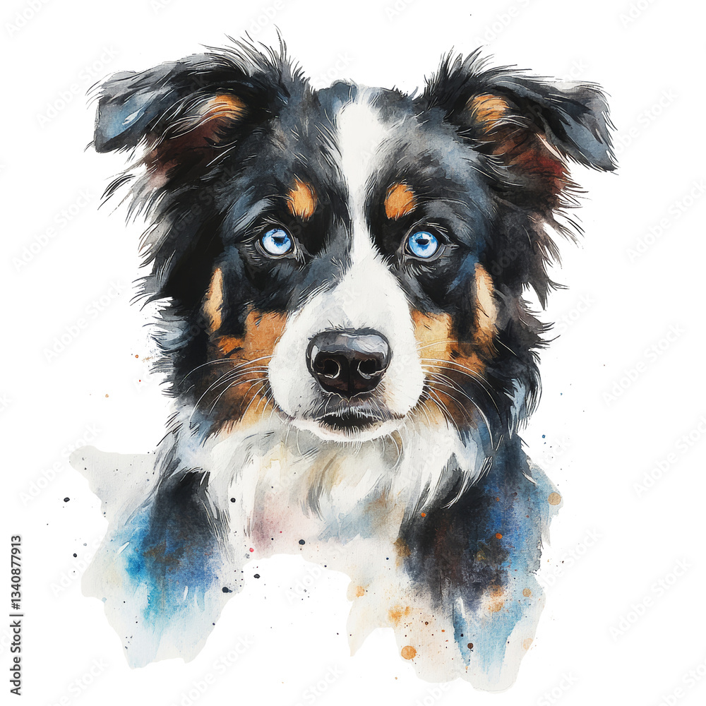 Fototapeta premium watercolor Australian shepherd with blue eyes on a isolated background, dog illustration, black tri color, transparent png