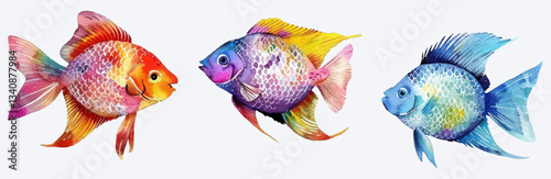 Three tropical fish vector illustration in mesmerizing blend of colors. Blue res purple decorative aquarium fishes.