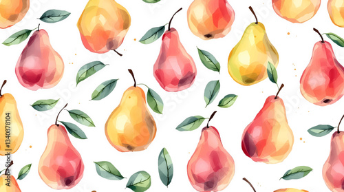 Watercolor pears and leaves seamless pattern on a white background.
