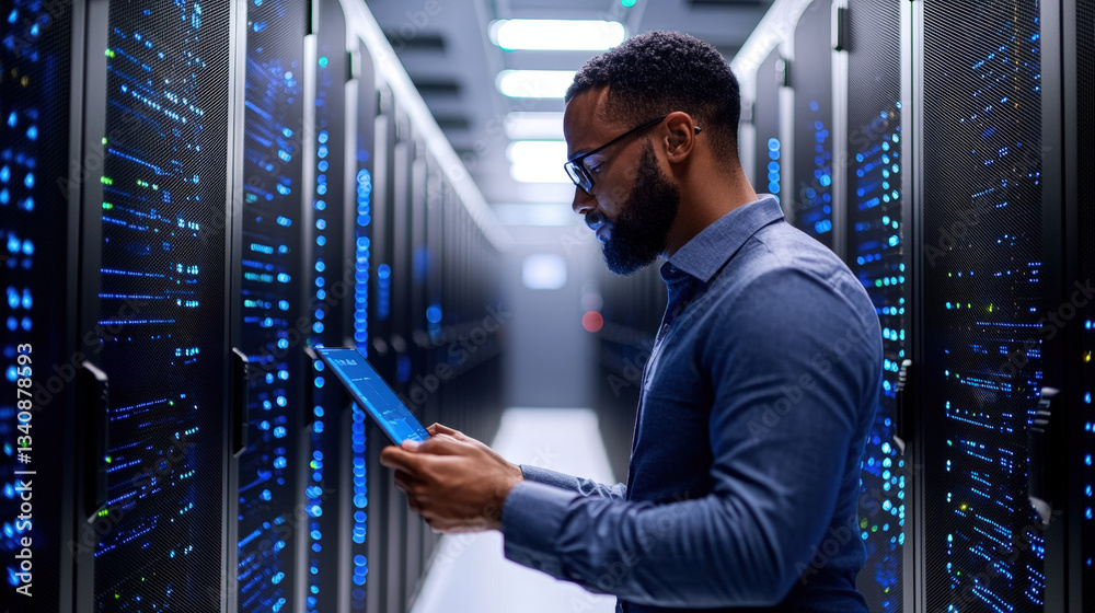 Fototapeta premium professional in data center reviews information on tablet, surrounded by server racks