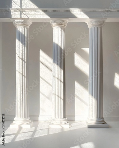 White background with three Greek columns  sunlight shining through the window onto them  casting shadows on one side of each column. 