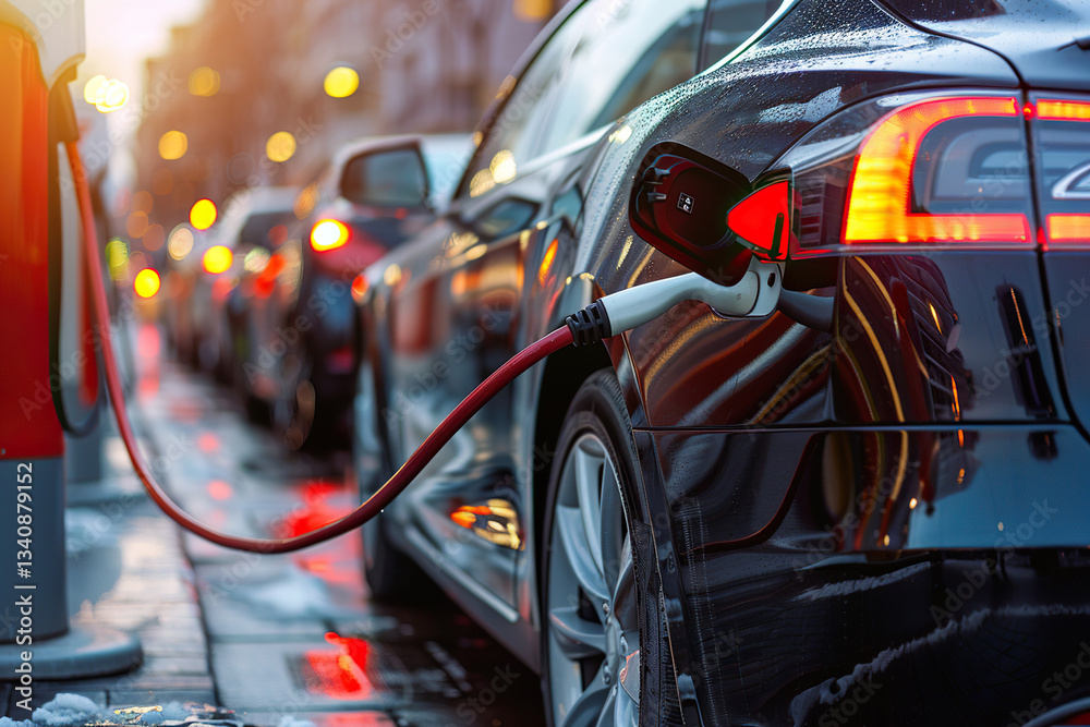 Fototapeta premium Power source for charging battery of beautiful hybrid electric car on road, abstract vivid composition consists of fictional unreal fantastic vision on background