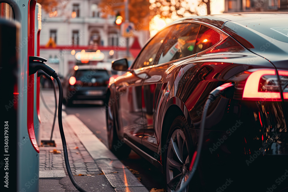 Power source for charging battery of beautiful hybrid electric car on road, abstract vivid composition consists of fictional unreal fantastic vision on background Power source for charging battery of beautiful hybrid electric car on road, abstract vivid composition consists of fictional unreal fantastic vision on background