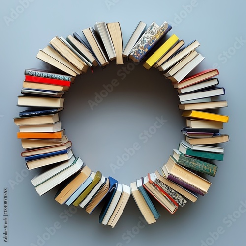 Education & E-learning Books arranged in a circular formation on a light background. Unique and Creative Concepts