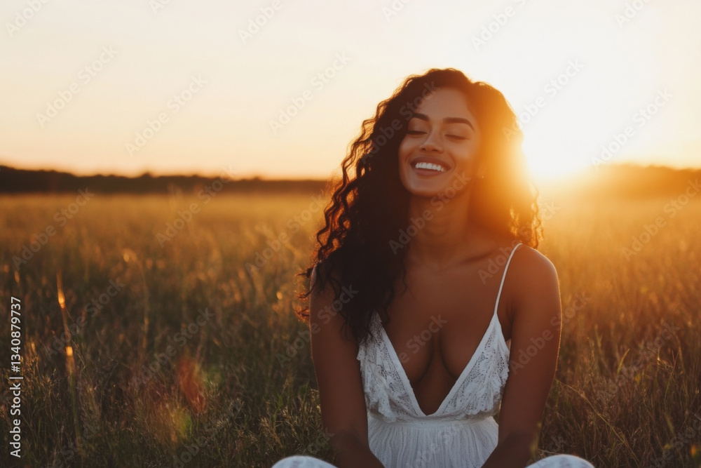 Obraz premium Beautiful woman smiling in a field at sunset, enjoying golden hour light