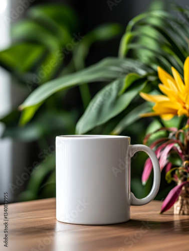 White cera mug on wooden table exudes calm, peaceful ambiance